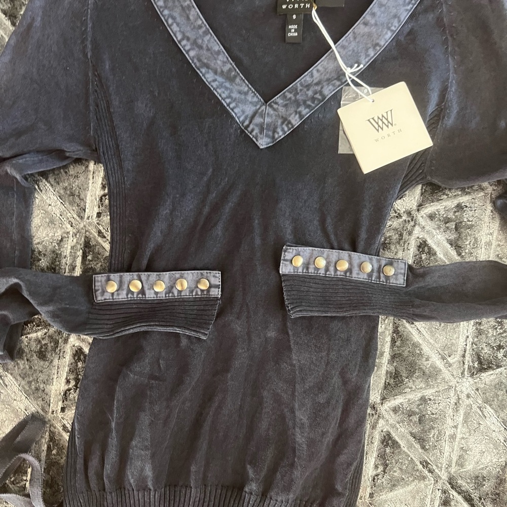 Worth Navy V-Neck Button Cuff Sweater